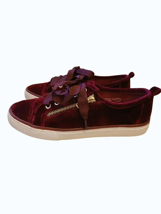 NOT RATED Red/Burgundy Velvet Gold Zipper Satin Lace Sneakers - Picture 10 of 16